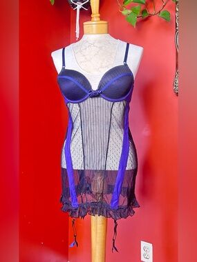 Jacob Sheer Black and Royal Blue Lace Chemise with Garter Attachments